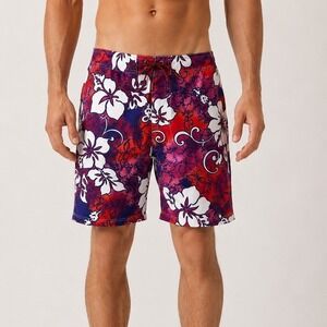Escape Hawaiian Board Shorts Mens Large Red Blue Floral Swim Trunks Surf Beach